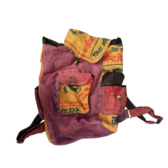 Kathmandu Burlap Backpack Boho  Upcycled Rice Sack Jute Multicolor Festival Bag - Picture 2 of 5
